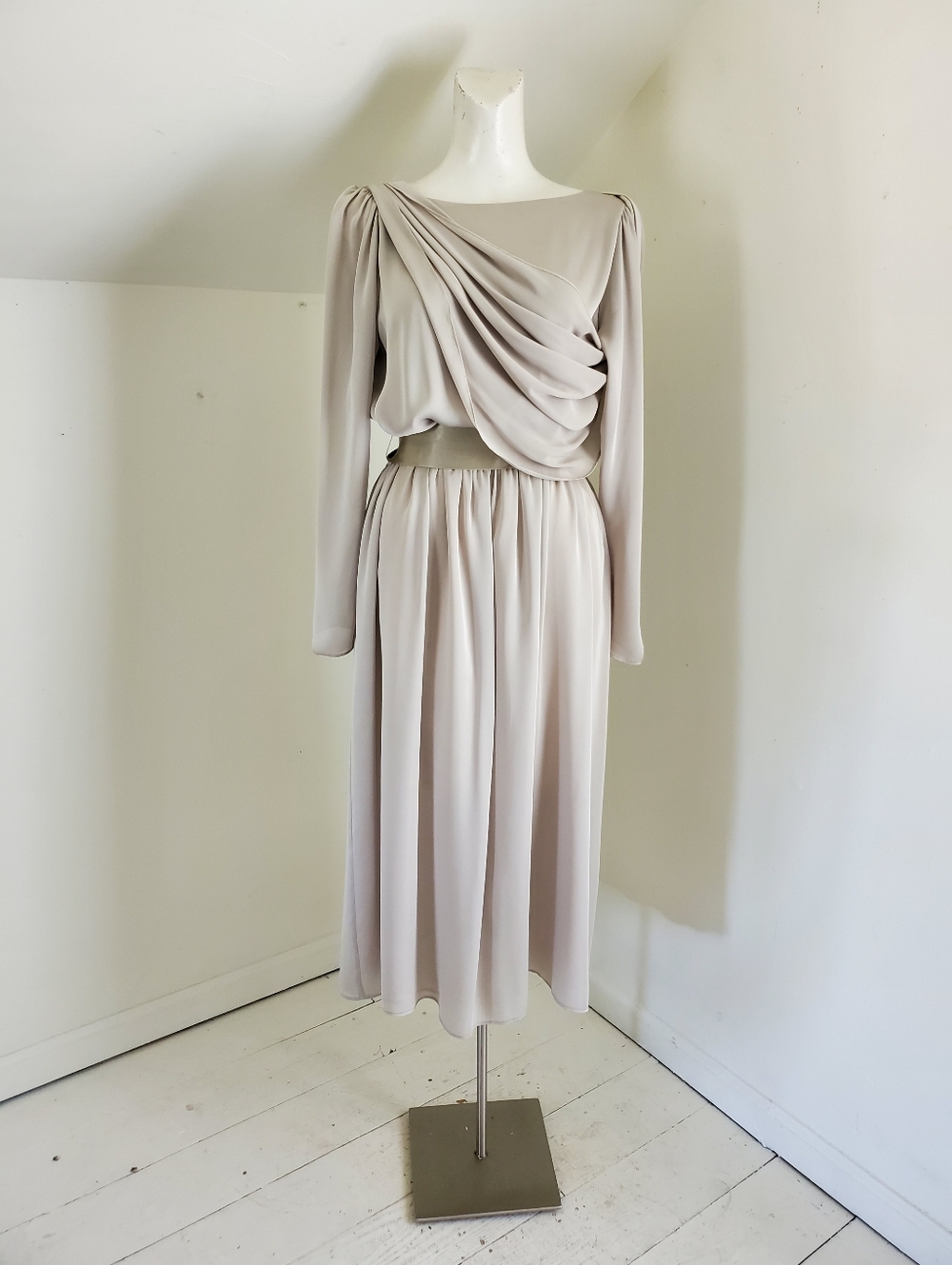 ILGWU Vintage Morton Myles Scoop Back Long Sleeve Draping Sand Color Dress